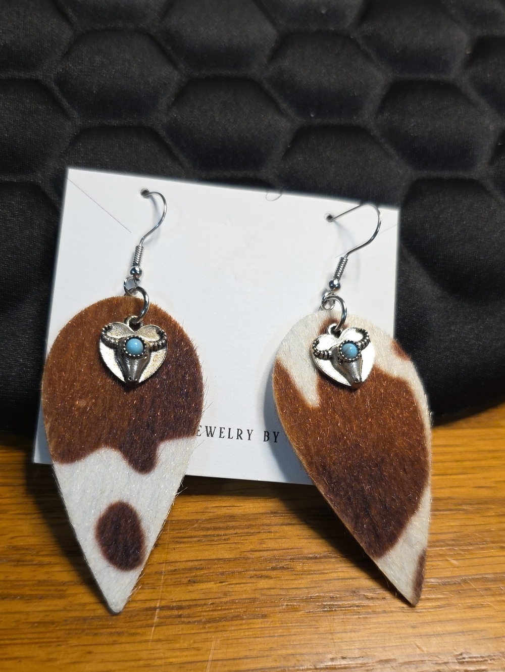 Cowhide Teardrop Earrings with Turquoise Accent — Brown & White